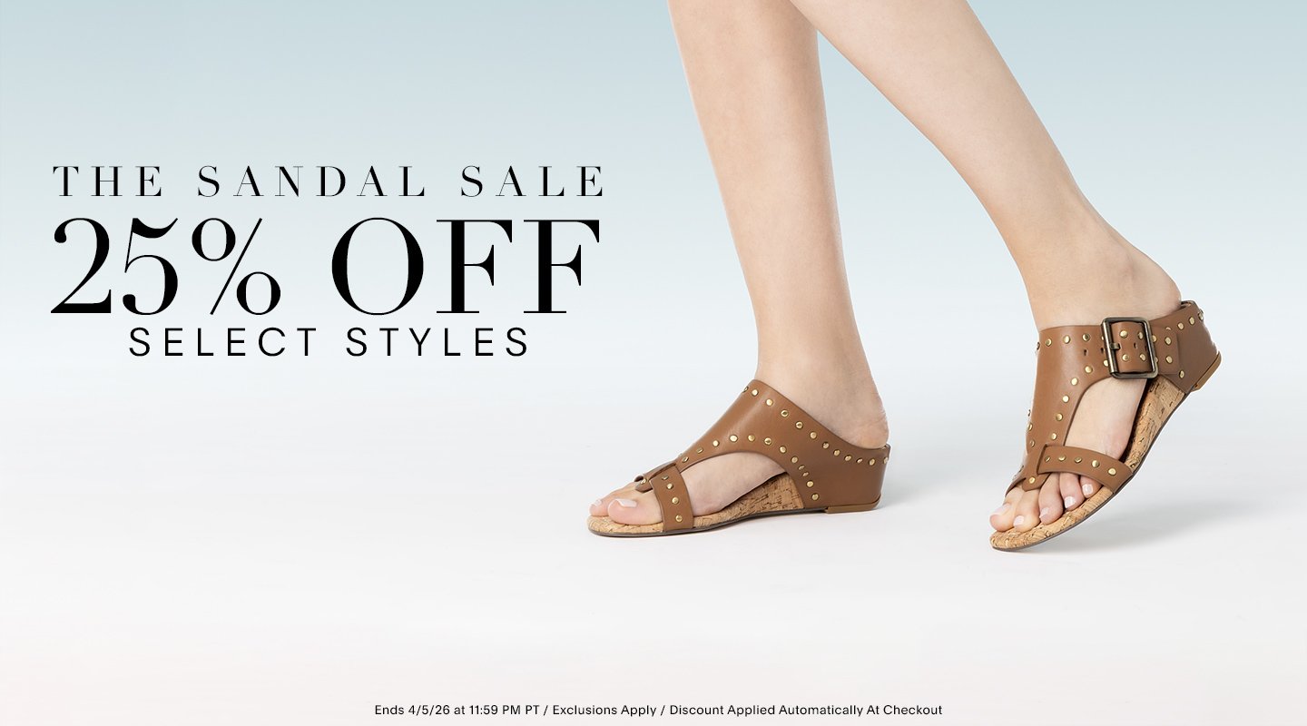 THE SANDAL SALE. 25% OFF SELECT STYLES. Ends 4/5/26 at 11:59 PM PT / Exclusions Apply / Discount Applied Automatically at Checkout
