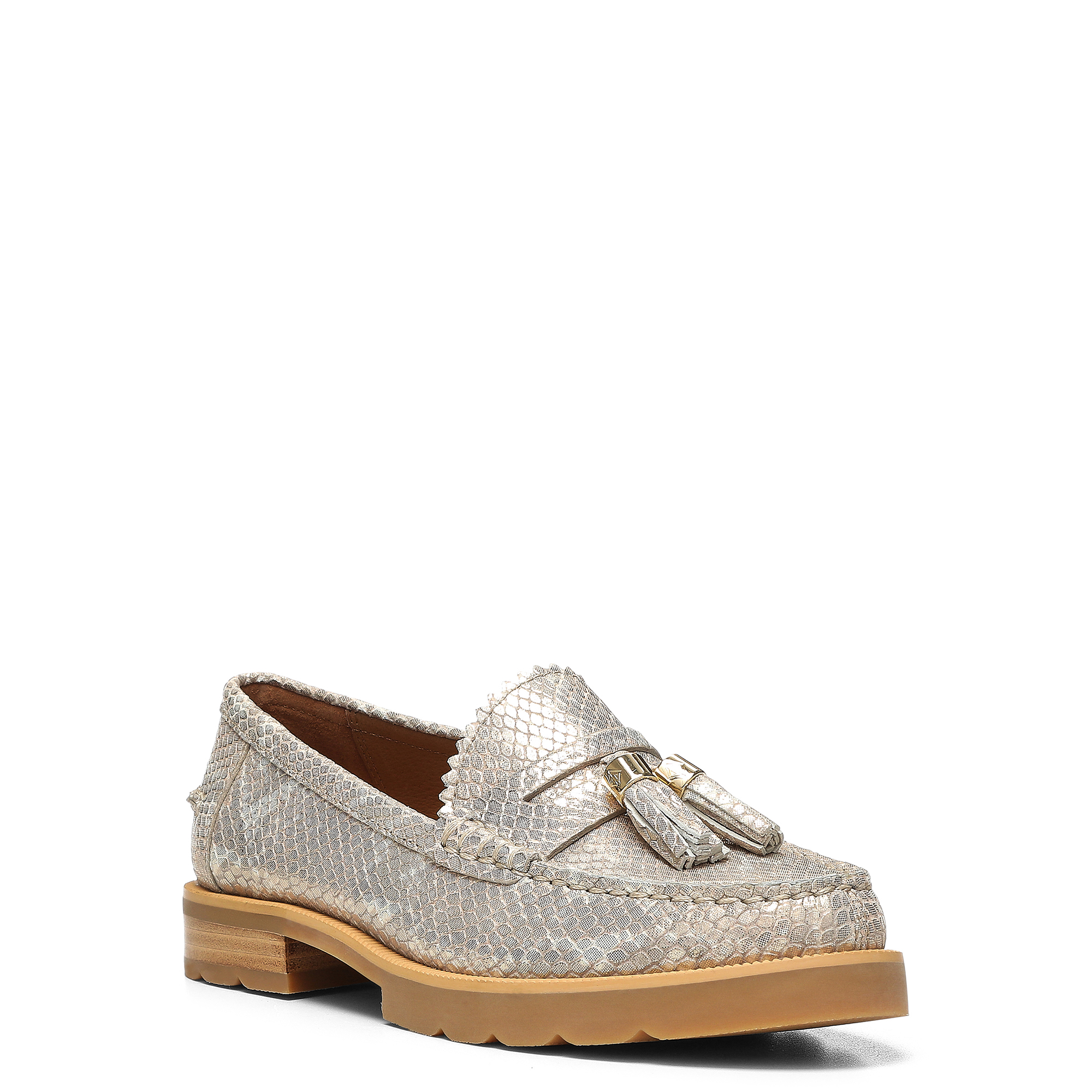 Donald Pliner Lenny Tassel Snake Embossed Loafer In Pale Gold
