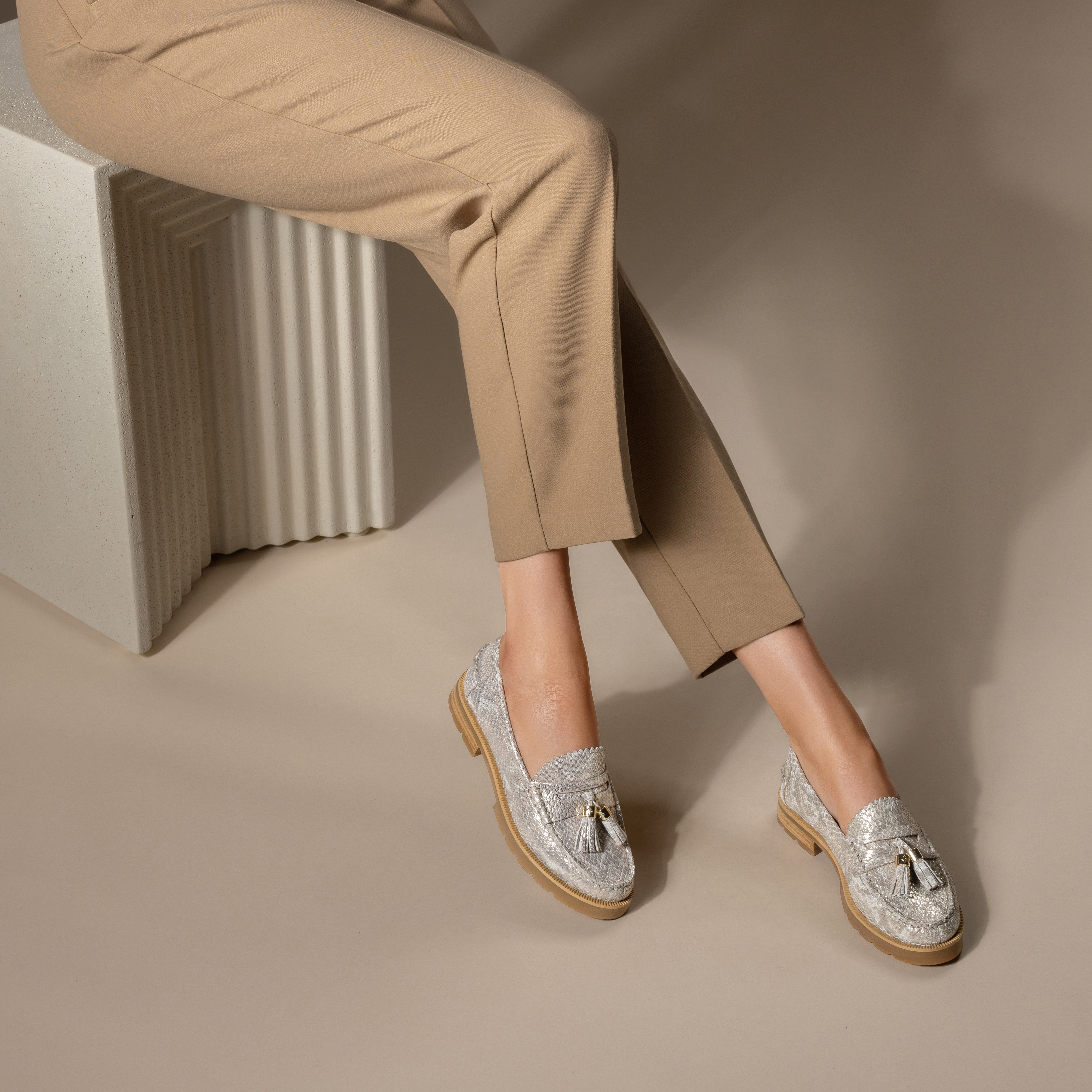 Donald Pliner Lenny Tassel Snake Embossed Loafer In Pale Gold