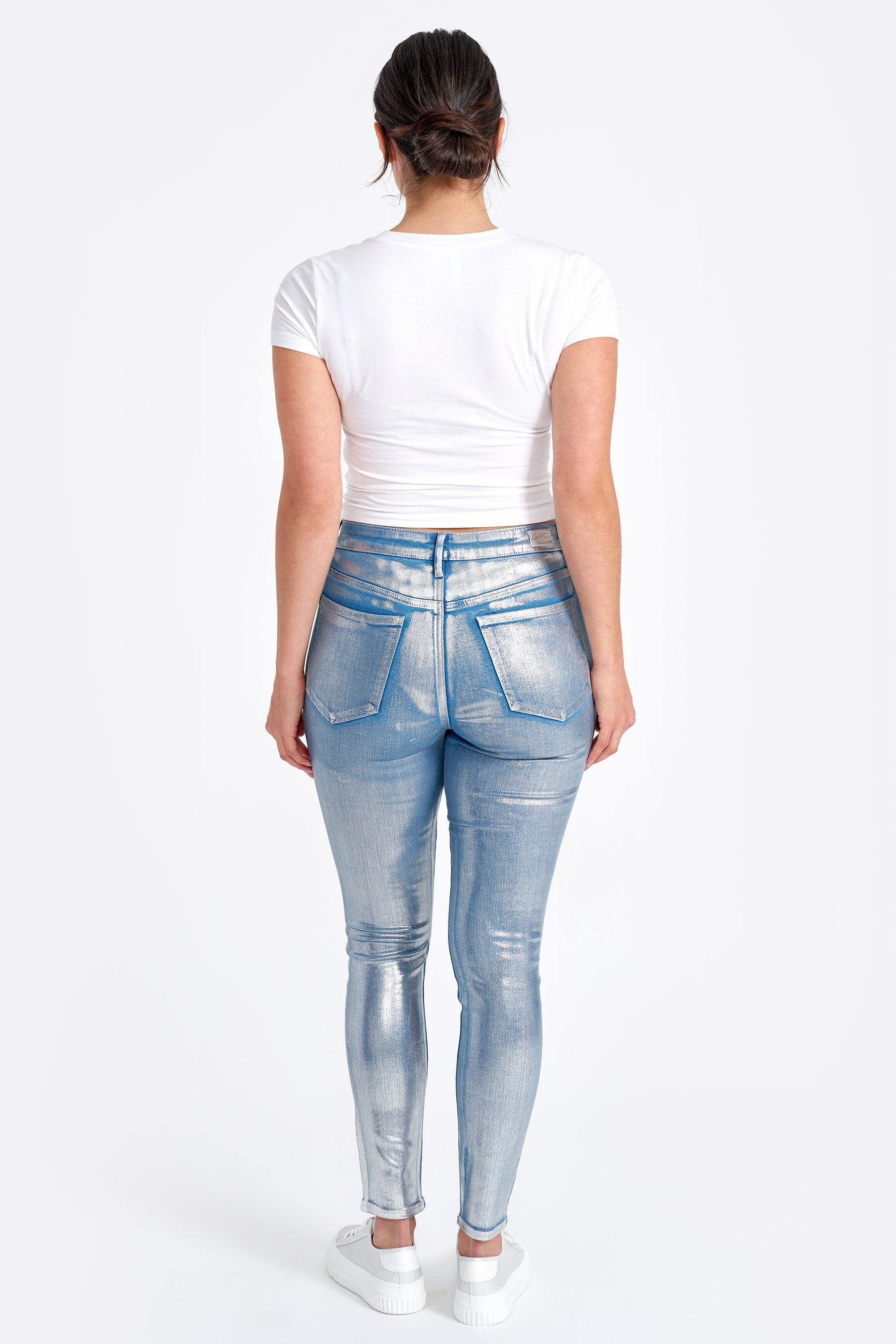パンツ LONG STRAIGHT FOIL DENIM 26inch MIFJNF Women's Metallic Silver Jeans High Waisted Straight