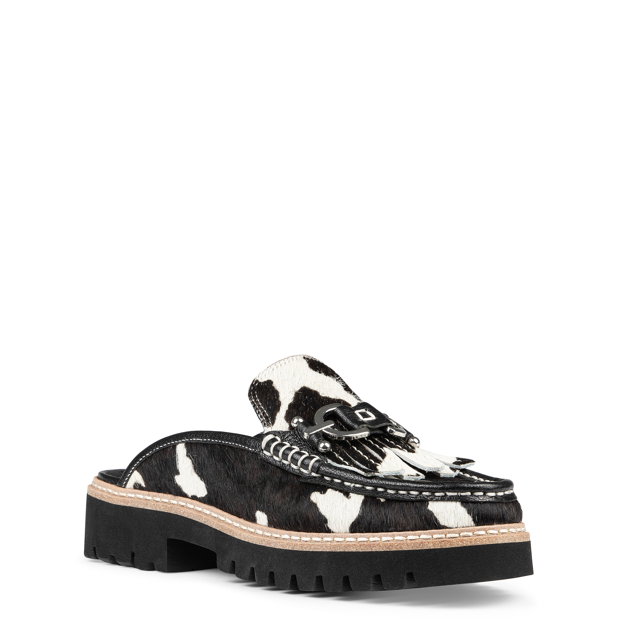 Donald Pliner Calf Hair Kiltie Fringe Moc Toe Loafer Mule In Bone Black
