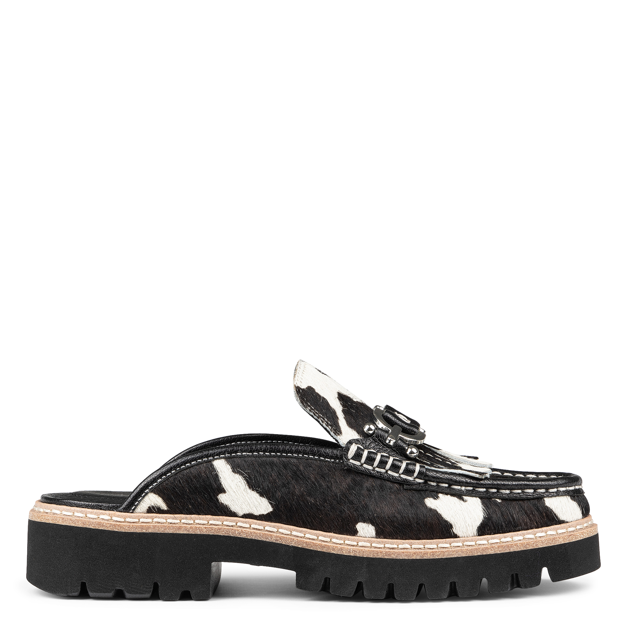 Donald Pliner Calf Hair Kiltie Fringe Moc Toe Loafer Mule In Bone Black